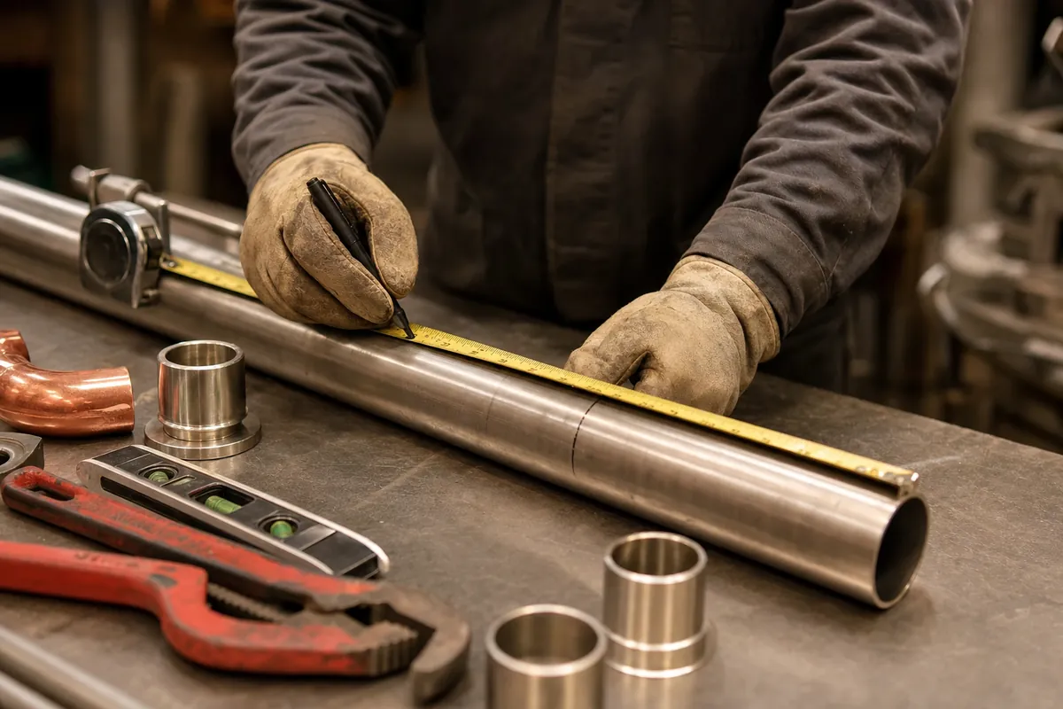 Pipefitter measuring and marking a length of stainless steel pipe on a fabrication bench