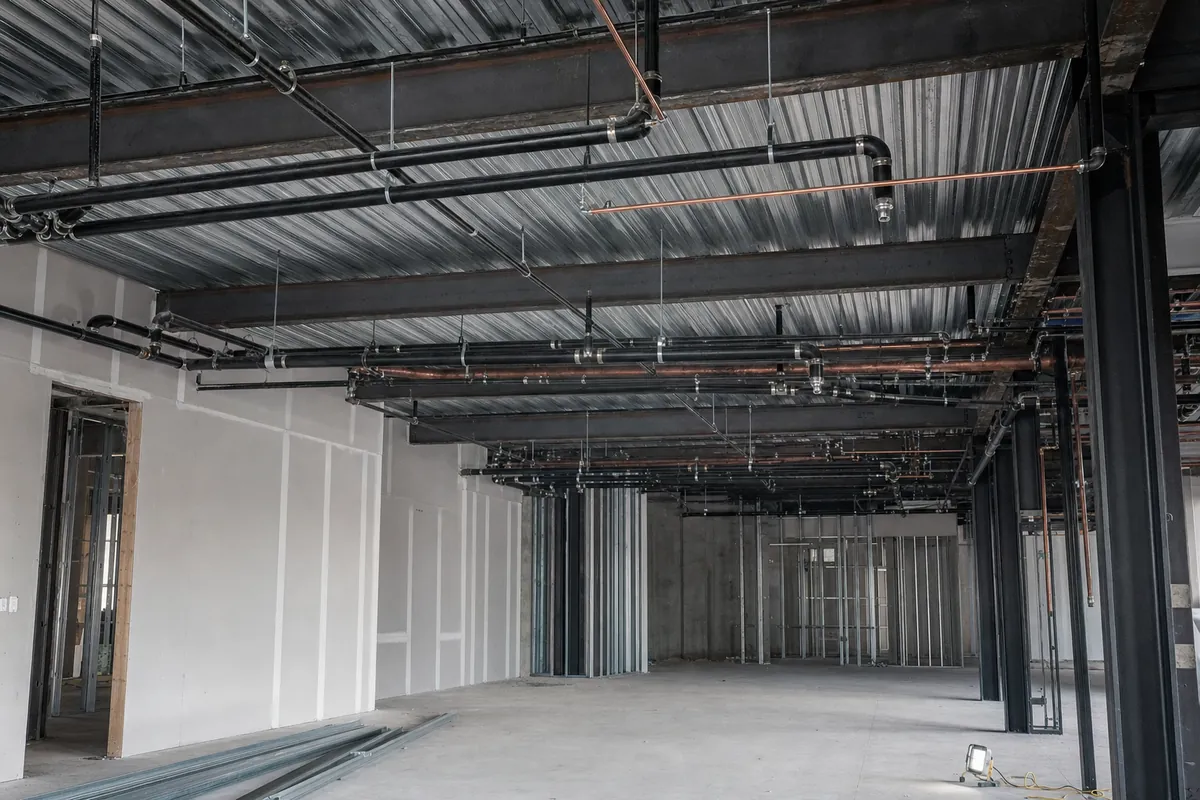Overhead run of new steel and copper process piping in a commercial building under construction